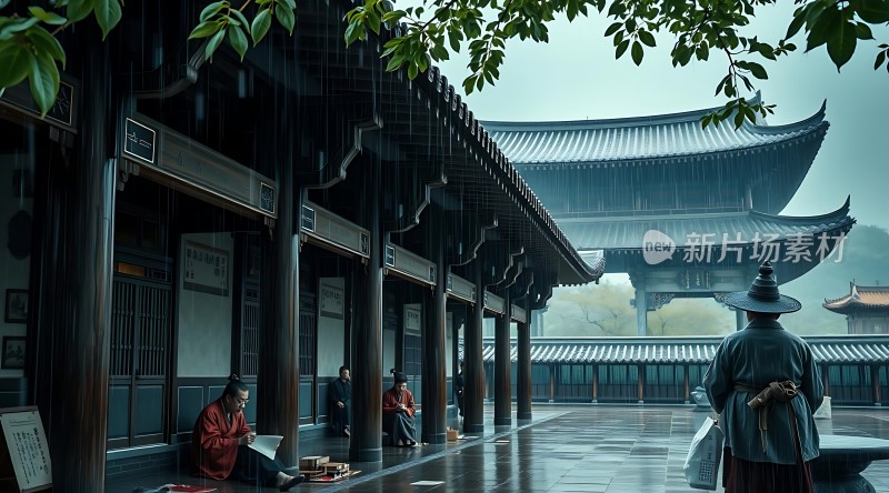 古风庭院雨中景人物活动显生机