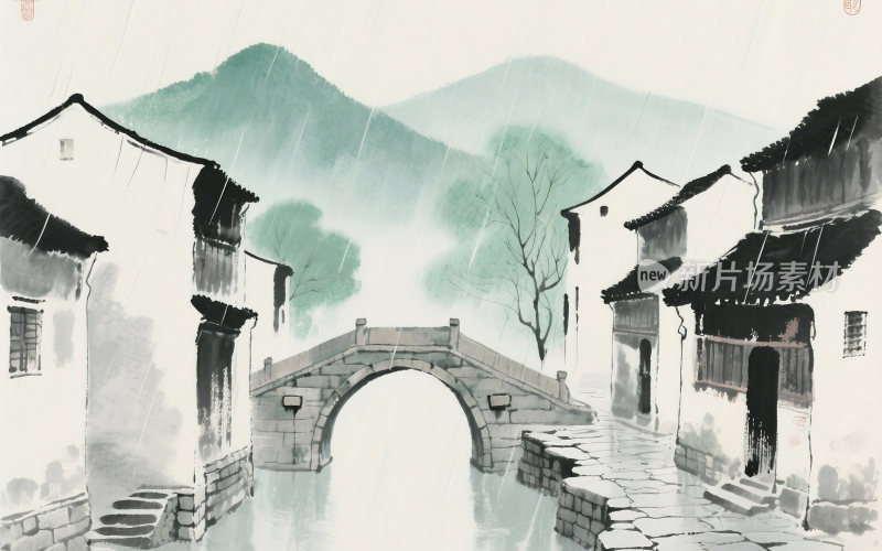 谷雨中国风山水插画