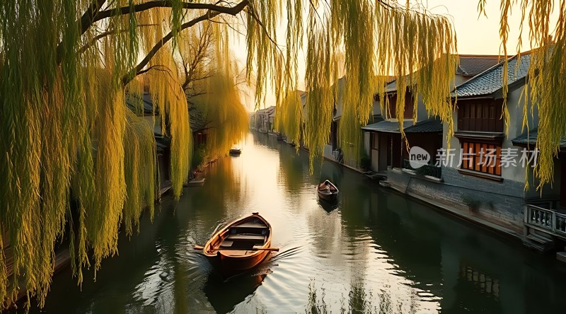 古巷水乡柳影摇曳