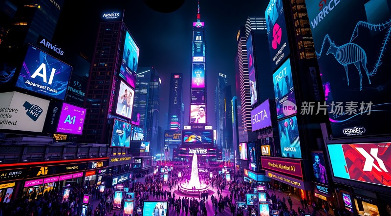 繁华都市夜景霓虹闪烁人群熙攘高楼林立广告牌琳琅满目
