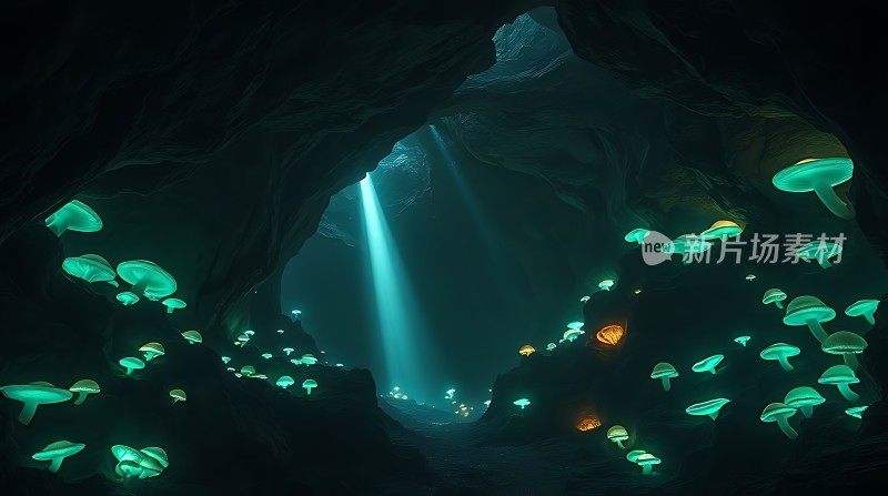 神秘洞穴中的荧光蘑菇