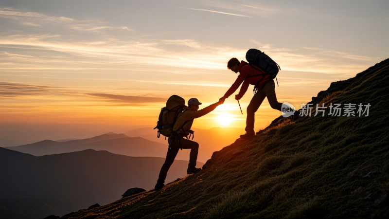 登山者互助攀登山顶日落剪影背景图