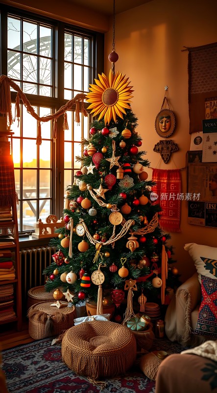 温馨圣诞树阳光下的节日装饰