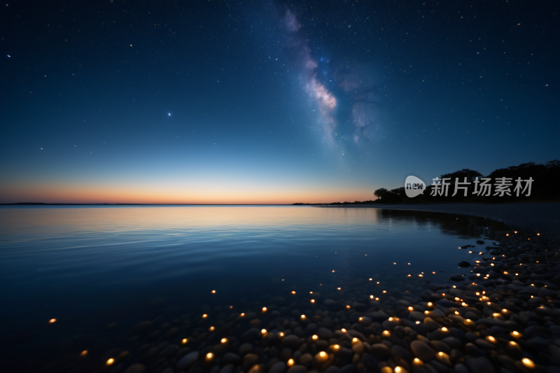 湖上星空夜空岸边有小灯高清背景纹理图片