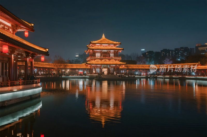 古建夜景古楼水景