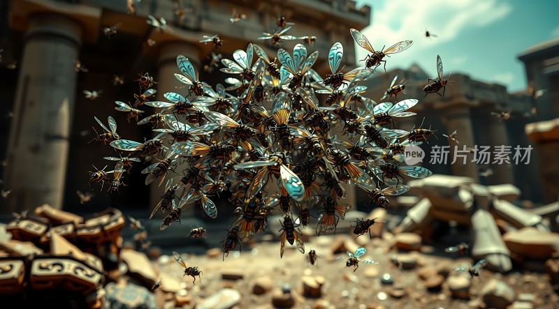 古建筑前的蜜蜂群飞舞