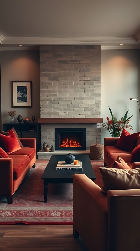 现代客厅温馨壁炉沙发茶几装饰画