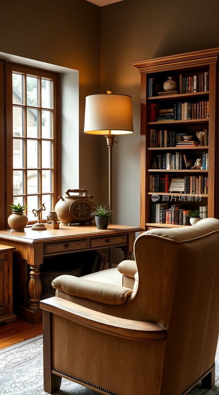 温馨书房木制家具与书籍营造宁静氛围