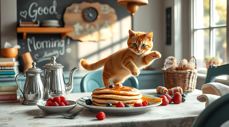 橘猫跃上早餐盘