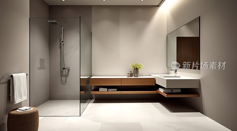 现代简约浴室设计玻璃淋浴房与木质洗手台相得益彰