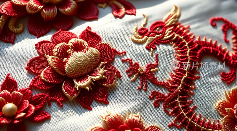 红色绣花布料上的龙与莲花图案