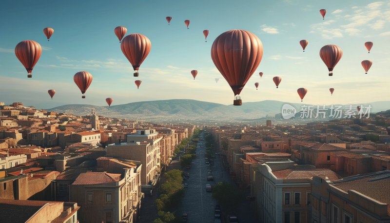 热气球飘浮城上