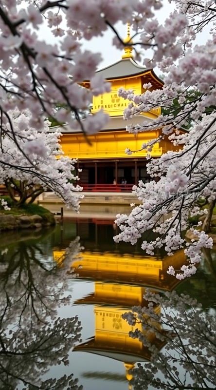 金碧辉煌楼阁映水间粉白樱花点缀春意浓