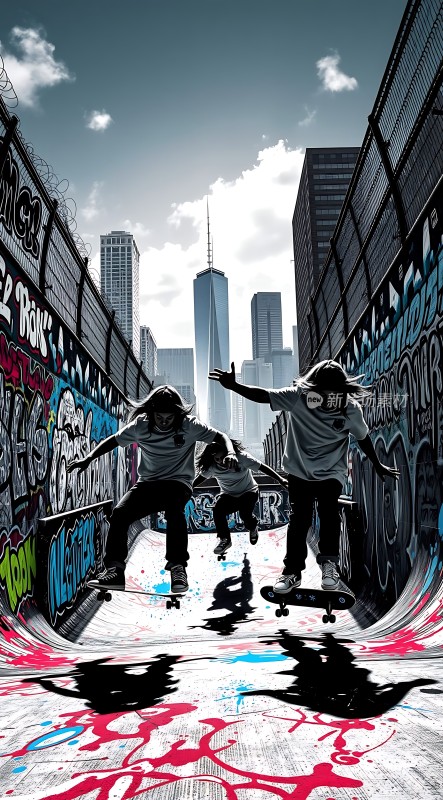 滑板少年飞跃城市涂鸦墙