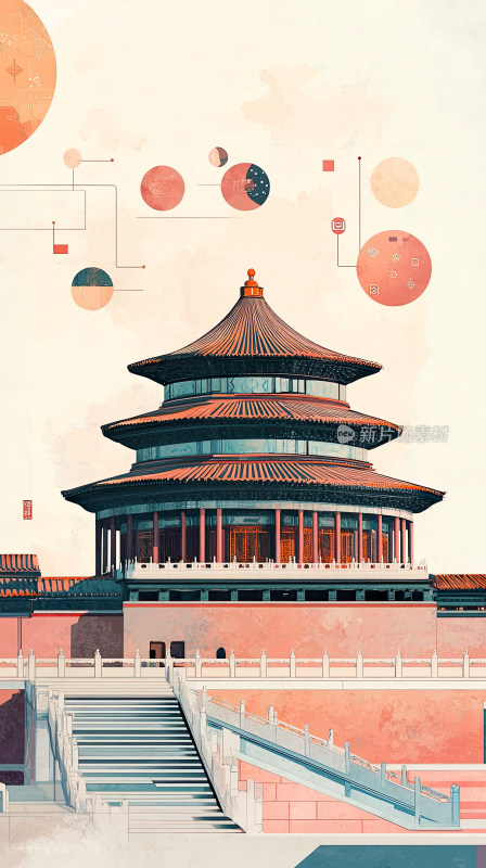 中国传统建筑与现代元素融合插画插图