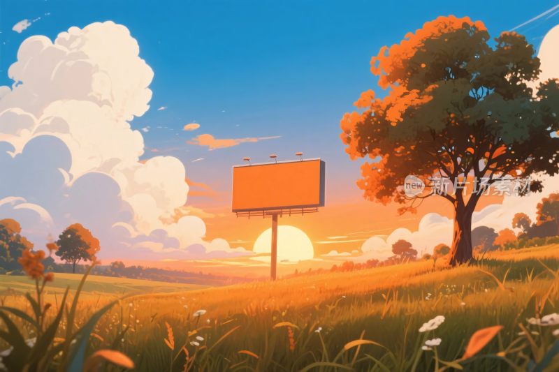 夕阳草地风景插画