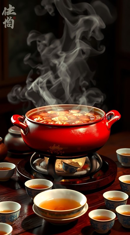 佳肴热气腾腾茶香四溢