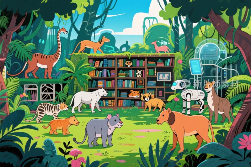 森林中动物围绕书架的场景