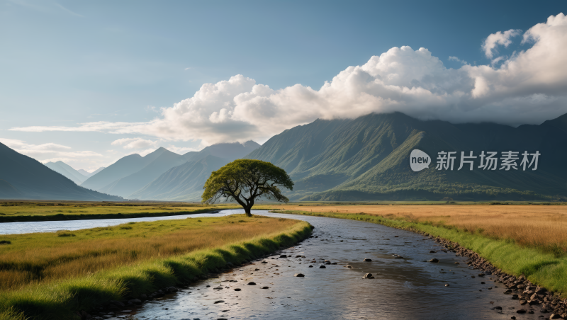 一条河流流经一片草地高清风景图片