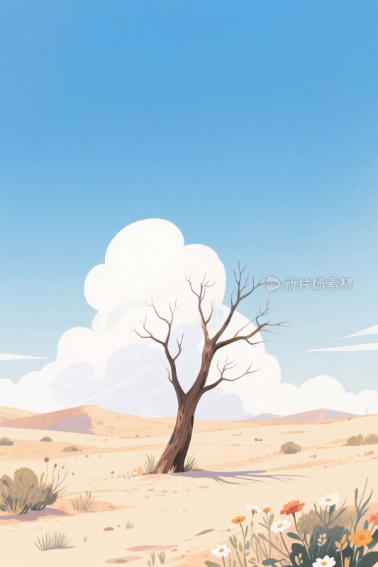 荒漠孤树风景插画