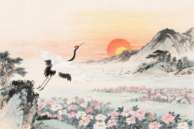 国风山水飞鹤图
