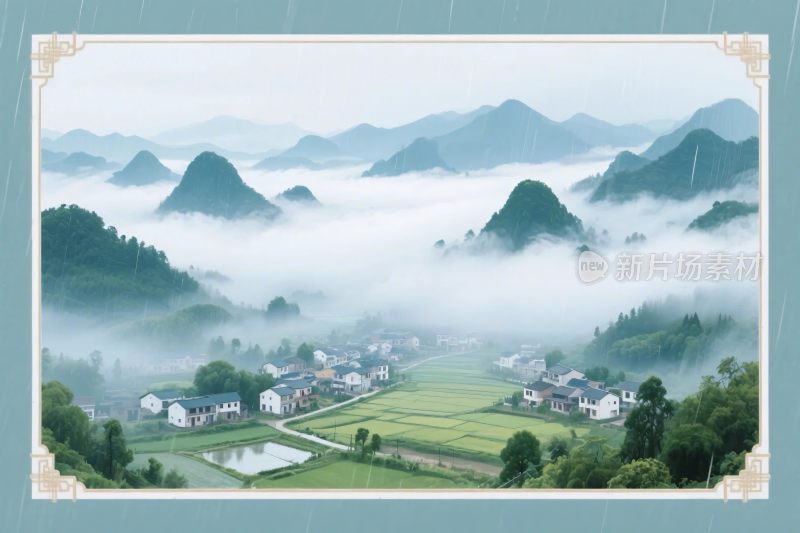 山水云雾村落风景插画