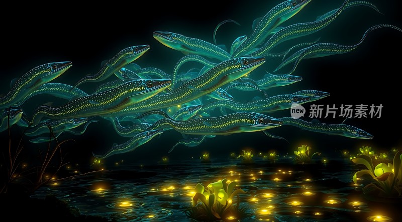 深海之舞发光鱼群与水草共舞