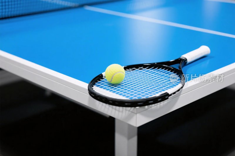 乒乓球拍与球在球桌上