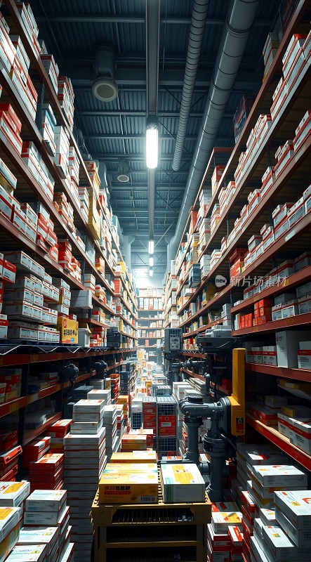 仓库深处货架上堆满整齐的商品