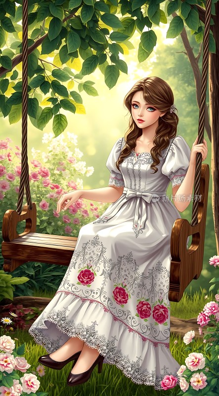 白色连衣裙女孩荡秋千