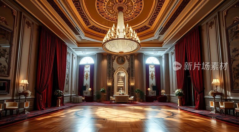 豪华大厅金碧辉煌红毯铺地吊灯璀璨