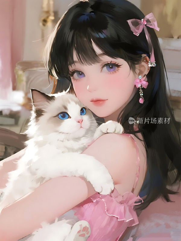 黑发少女与白猫温馨互动