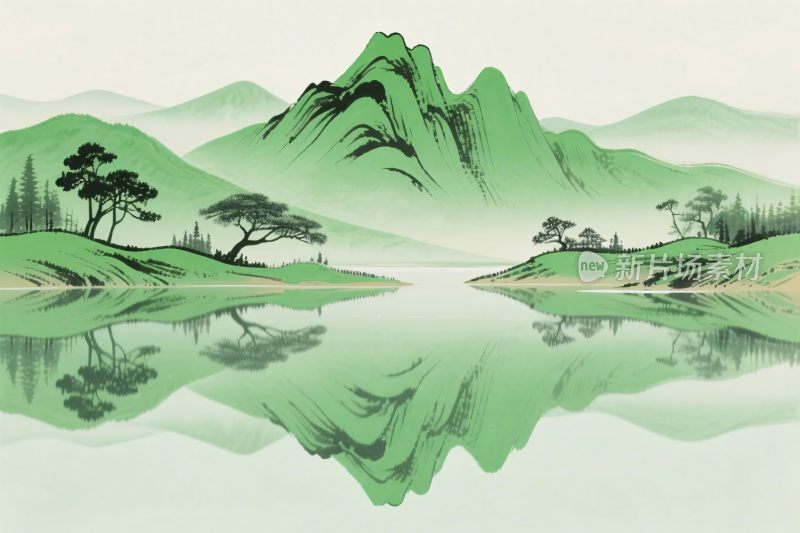 山水湖景传统插画