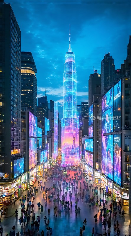 繁华都市夜景霓虹闪烁人群熙攘
