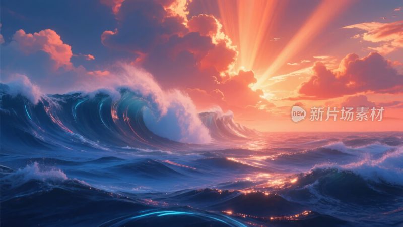 海上日出与汹涌波浪景象