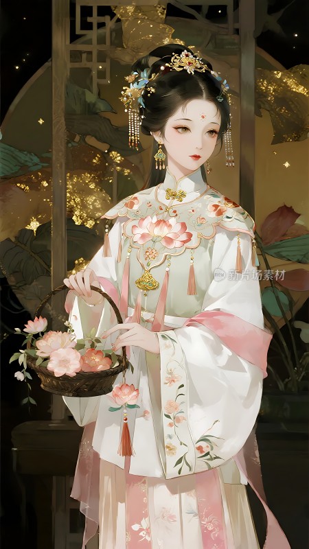 汉服佳人花篮轻握古典优雅