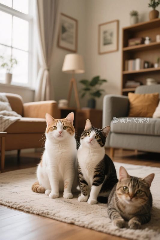 三只猫咪温馨居家场景