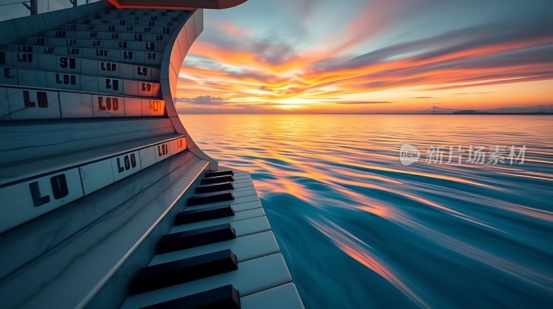 钢琴键与海洋日落