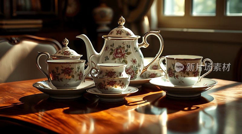 阳光下的精美茶具套装