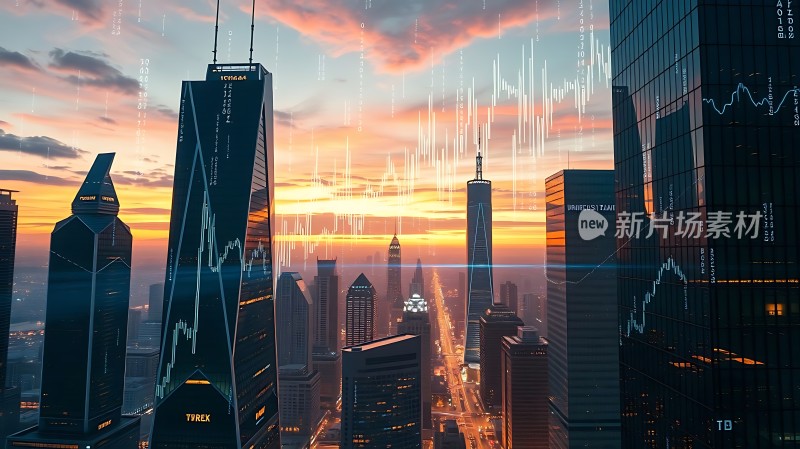 金融都市摩天大楼与股票走势图交织的繁华夜景