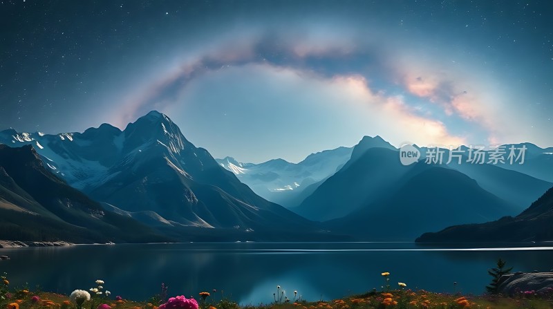 夜幕下的山湖花海星空下的自然奇观