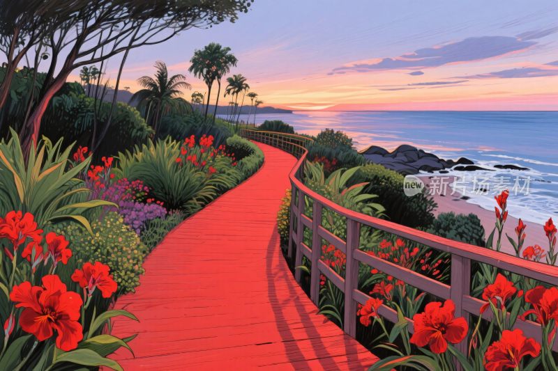 海边红色步道风景插画