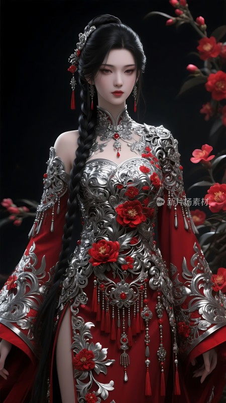 银色花漾红裙佳人