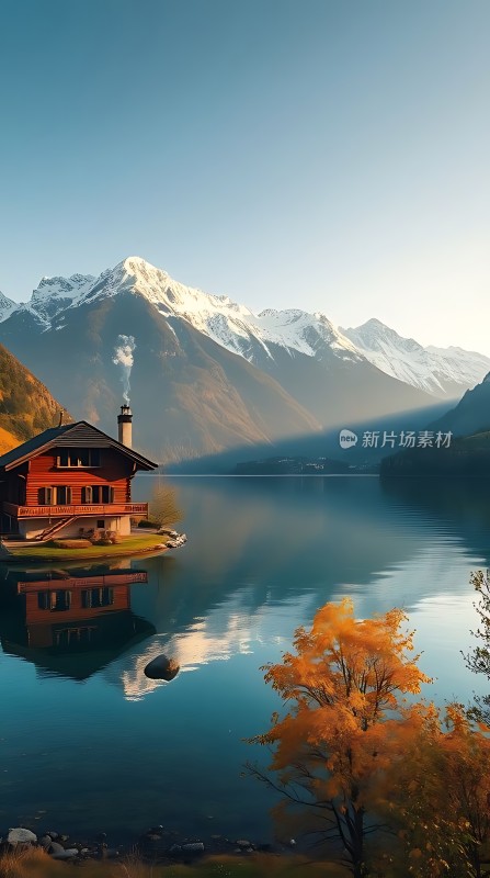 雪山下的湖畔小木屋