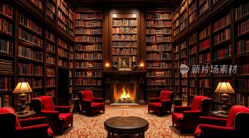 古色古香书房红椅围炉而坐书架琳琅满目