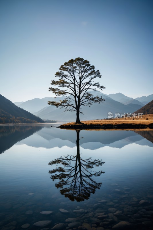 湖中央的树山脉高清图片