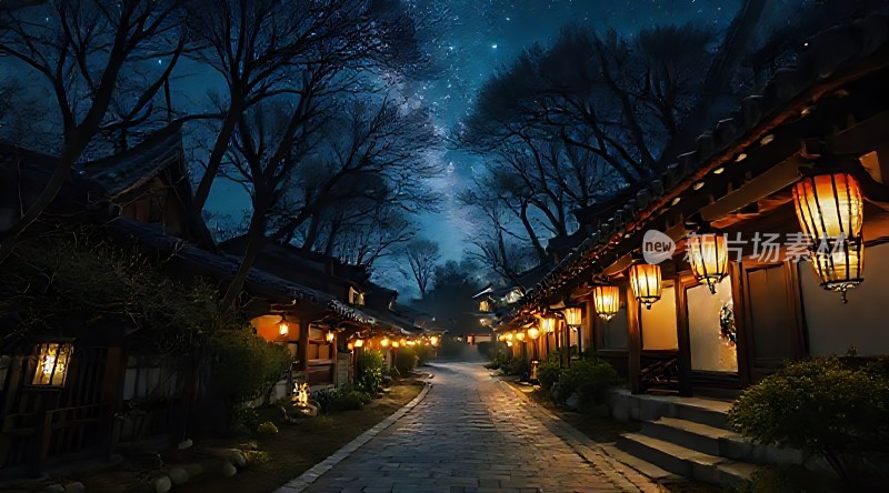 古街夜色灯火阑珊映星空