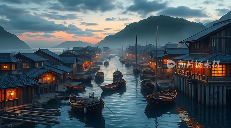 渔村夜色灯火阑珊映水乡