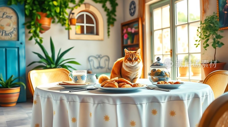 阳光午后橘猫静坐美食桌前
