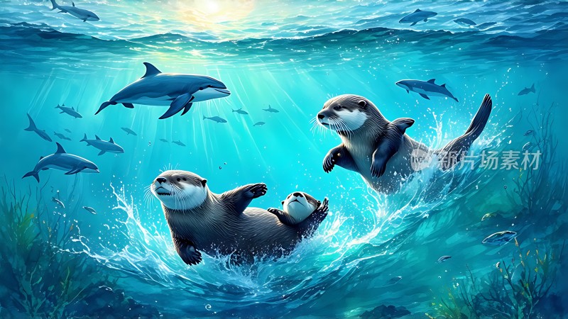 海豚与水獭共舞水下世界